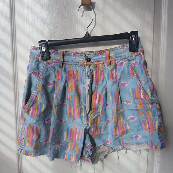 Artistic Blue and Pink High-Waisted Jean Shorts - Picture 1 of 7